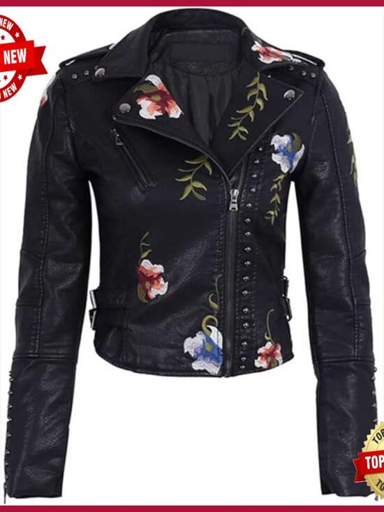 Jackets & Blazers - Women's Embroidered Studded Faux Leather Moto Jacket Slim Fit Short